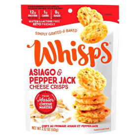 Front of Whisps Asiago & Pepper Jack Cheese Crisps, 60g