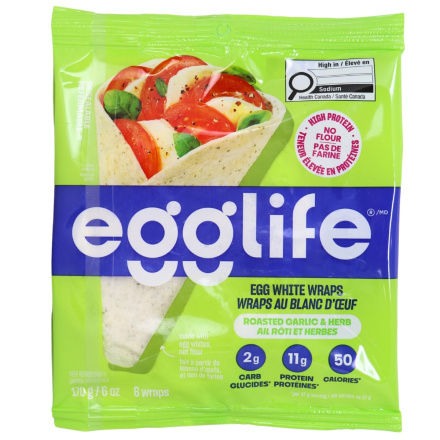 Egglife 7” Flourless Egg White Wraps Roasted Garlic and Herb, 6 Wraps Front