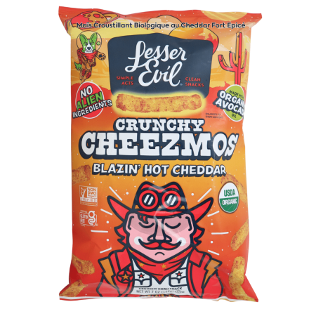 Lesser Evil Cheezmos Organic Crunchy Corn Blazin’ Hot Cheddar Front