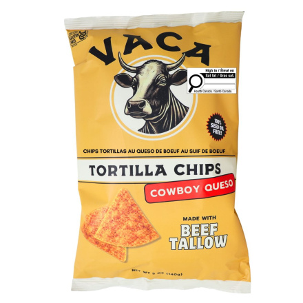 Vaca Chips Tortilla Chips made with Beef Tallow Cowboy Queso Front