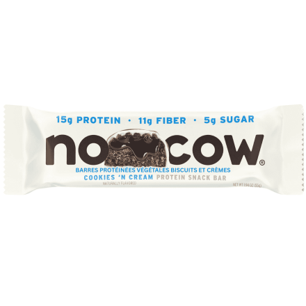 Front of No Cow Dairy Free Protein Bar Cookies ‘N Cream - Gluten Free Vegan Protein Bars - Vegan Protein Bars Canada - Best Tasting Protein Bars