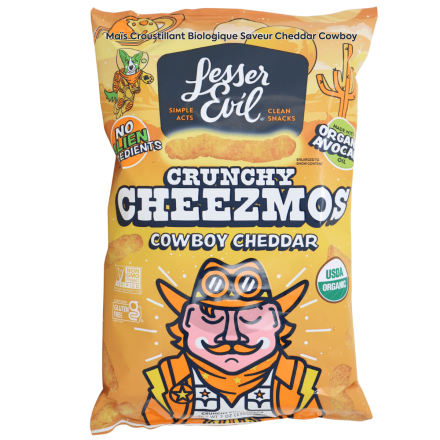 Lesser Evil Cheezmos Organic Crunchy Corn Cowboy Cheddar Front