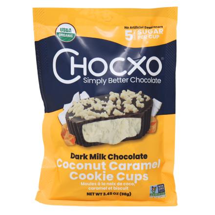 ChocXo 58% Dark Milk Chocolate Coconut Caramel Cookie Cups Front
