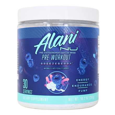 Front of Alani Nu Pre-Workout Breezeberry - Best Pre Workout Powder - Top Pre Workout Supplements - Vegan Pre Workout Canada