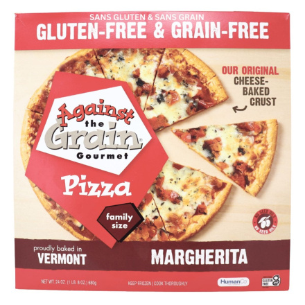 Front of Against The Grain Gluten-Free Pizza Margherita - Gluten-Free Crust Pizza - Grain Free Pizza Crust - Best Frozen Pizza