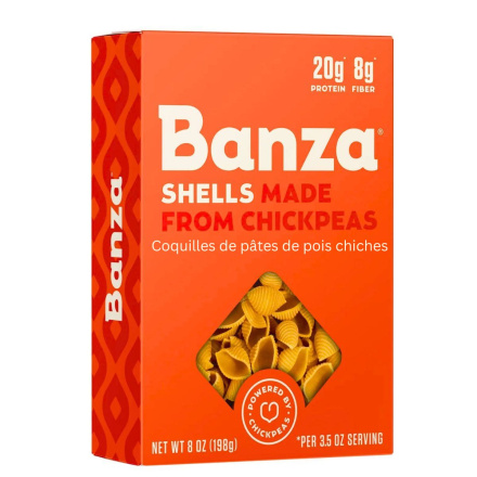 Front of Banza Chickpea Pasta Shells - High Protein Pasta - Vegan Pasta - Low Carb Pasta