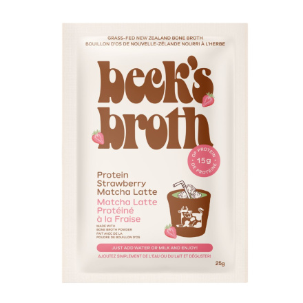 Front of Beck’s Broth Bone Broth Powder Protein Strawberry Matcha Latte - matcha protein - functional beverage mix - high protein drink