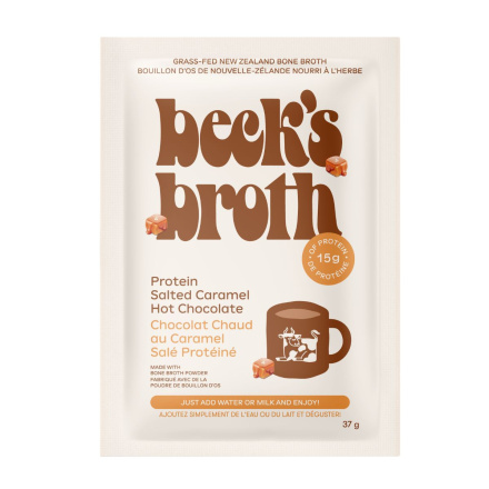 Front of Beck’s Broth Bone Broth Powder Protein Salted Caramel Hot Chocolate - Protein Salted Caramel Hot Chocolate - Bone Broth Drink - Bone Broth Hot Chocolate