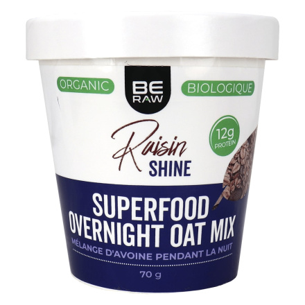 Front of Be Raw Organic High Protein Superfood Overnight Oats Mix Raisin Shine