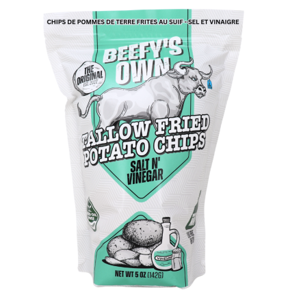 Front of Beefy’s Own Tallow Fried Potato Chips Salt N’ Vinegar - Beef Tallow Chips - Beef Tallow Potato Chips - Tallow Fried Chips