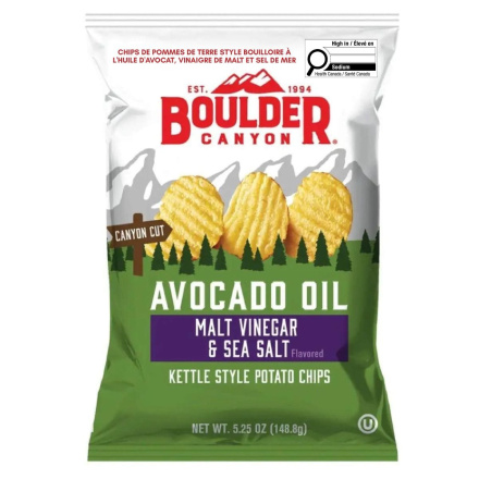 Front of Boulder Canyon Kettle Style Potato Chips With Avocado Oil Malt Vinegar & Sea Salt