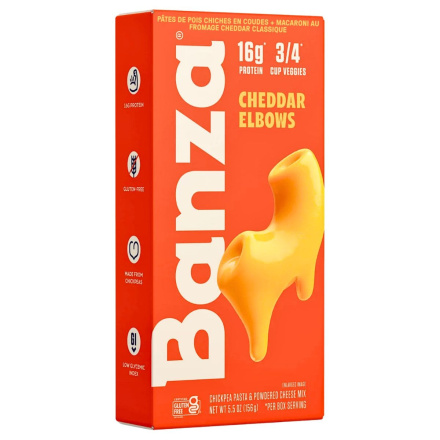 Front of Banza Chickpea Pasta Elbows + Classic Cheddar Mac & Cheese - Chickpea Pasta Canada - High Protein Pasta - Vegan Pasta