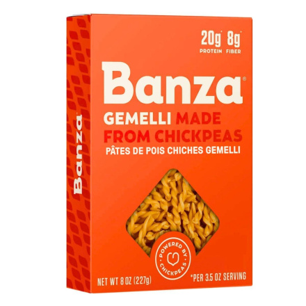 Front of Banza Chickpea Pasta Protein Pasta Gemelli Pasta - Protein Pasta Canada - High Protein Pasta - Gemelli Pasta