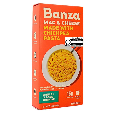Front of Banza Chickpea Pasta Shells + Classic Cheddar Mac & Cheese - Chickpea Pasta Canada - High Protein Pasta - Gluten Free Pasta