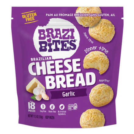 Front of Brazi Bites Gluten-Free Brazilian Cheese Bread Garlic - Gluten Free Cheese Bread - Pão De Queijo - Brazilian Bites