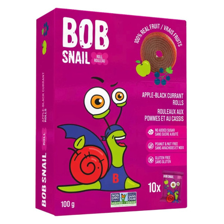 Front of Bob Snail Healthy Dried Fruit Snack Natural Fruit Roll Ups Dried Fruit Leather Apple Black Currant - Allergen Free Snacks - No Added Sugar Fruit Snacks - Natural Fruit Snacks