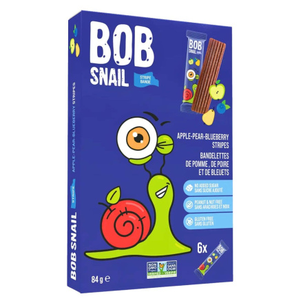 Front of Bob Snail Healthy Dried Fruit Snack Fruit Leather Natural Fruit Stripes Apple Pear Blueberry
