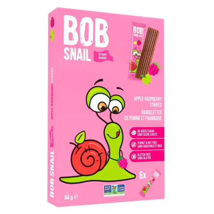 Front of Bob Snail Dried Fruit Snacks Healthy Dried Fruit Leather Fruit Stripes Apple Raspberry