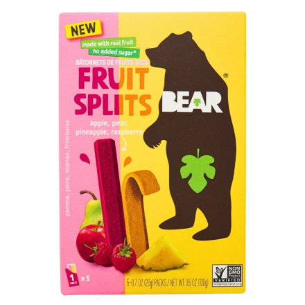 Front of Bear No Added Sugar Real Fruit Splits Apple Pear Pineapple Raspberry - Healthy Dried Fruit Snack - Allergen Free Snacks - No Added Sugar Fruit Snacks