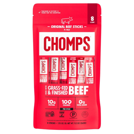 Chomps Grass-Fed Beef Jerky Stick Original, 8 Sticks Front