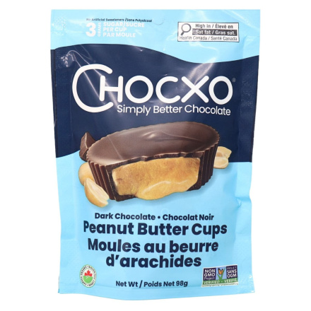 Front of ChocXO 70% Dark Chocolate Peanut Butter Cups - Gluten Free Chocolate Peanut Butter Cups - Healthy Peanut Butter Cups - Organic Peanut Butter Cups