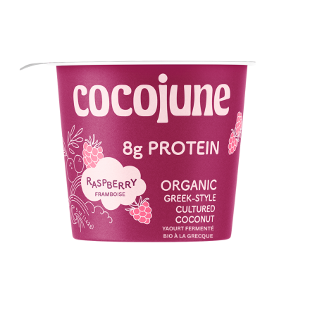 Front of Cocojune High-Protein Organic Greek-Style Cultured Coconut Raspberry - Vegan Yogurt - Coconut Based Yogurt - Cocojune Coconut Yogurt