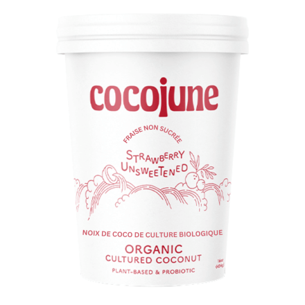 Front of Cocojune Organic Cultured Coconut Unsweetened Strawberry -  Vegan Yogurt - Coconut Based Yogurt - Cocojune Coconut Yogurt