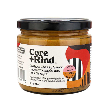 Front of Core and Rind Plant-Based + Dairy-Free Cashew Cheesy Sauce Bold & Spicy, 312g