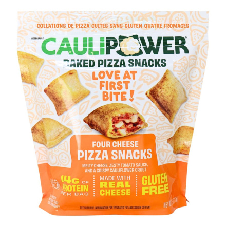 Front of CAULIPOWER Gluten-Free Baked Pizza Snacks Four Cheese - Cauliflower Pizza Bites - Frozen Pizza Bite