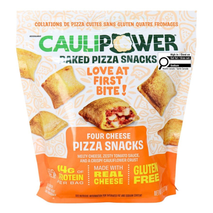 Front of CAULIPOWER Gluten-Free Baked Pizza Snacks Four Cheese - Cauliflower Pizza Bites - Frozen Pizza Bite