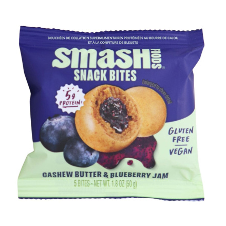 Front of Chia Smash Snack Bites - Protein Energy Bites - Protein Energy Balls - Cashew Butter Blueberry Jam