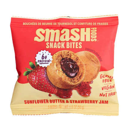 Front of Chia Smash Smash Bites - Protein Energy Bites - Date Protein Balls - Nut Free Protein Bites - Sunflower Butter Strawberry Jam Bites 