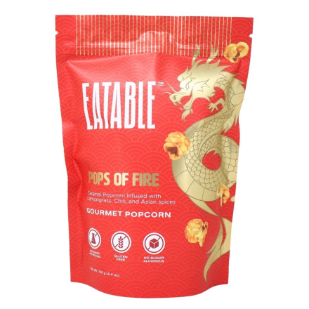 Front of EATABLEs Gourmet Popcorn Pops Of Fire Sweet And Salty Caramel Popcorn