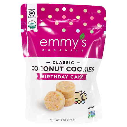 Front of Emmy’s Organics Classic Coconut Cookies Birthday Cake, 170g