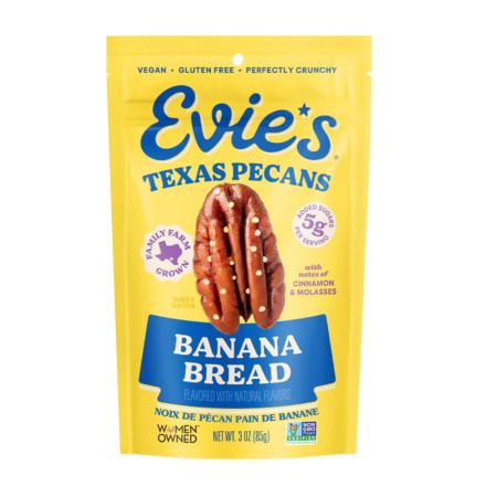 Front of Evie's Roasted Texas Pecans Banana Bread - Authentic Texas Pecans - Candied Roasted Nuts - Dessert Flavoured Pecans