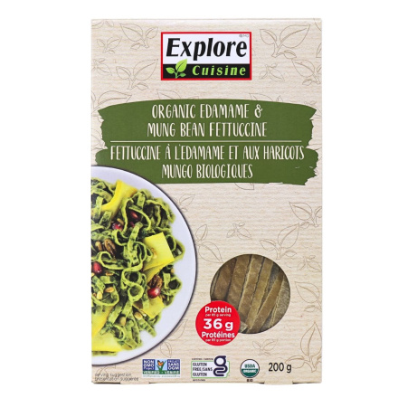 Front of Explore Cuisine Organic High Protein Fettuccine Edamame & Mung Bean - High Protein Pasta - High Protein Noodles - Protein Pasta Gluten Free