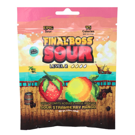 Front of Final Boss Sour Real Fruit Level 2 Sour Strawberry Mango - Sweet and Sour Candy - Tropical Sour Candy - Balanced Sour Candy