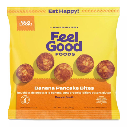 Front of Feel Good Foods Banana Pancake Bites - Gluten Free Pancakes - Gluten Free Banana Pancakes - Frozen Mini Pancakes