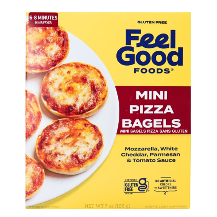 Front of Feel Good Foods Gluten-Free Mini Plain Pizza Bagels - Gluten Free Bagels - Gluten-Free Bagel - Pizza Bagels