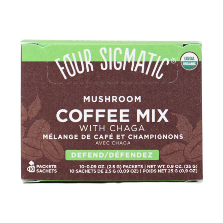 Front of Four Sigmatic Defend Organic Mushroom Coffee Mix with Chaga - Organic Tea Sachet - Keto Tea Sachet - No Sugar Tea Sachet