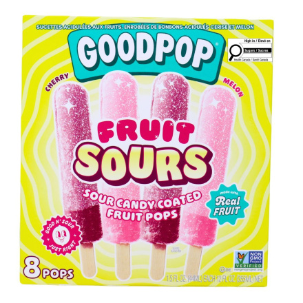 Goodpop Fruit Sours Sour Candy Coated Fruit Pops Cherry and Melon Front