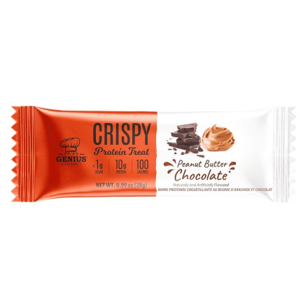 Front of Genius Gourmet Crispy Protein Treat Peanut Butter Chocolate - Tasting Protein Bar - Healthy Protein Bars - Low Calorie Protein Bars