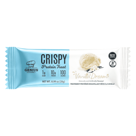Front of Genius Gourmet Gluten-Free Crispy Protein Treat Vanilla Dream - Protein Bars Canada - Best Tasting Protein Bar - Healthy Protein Bars