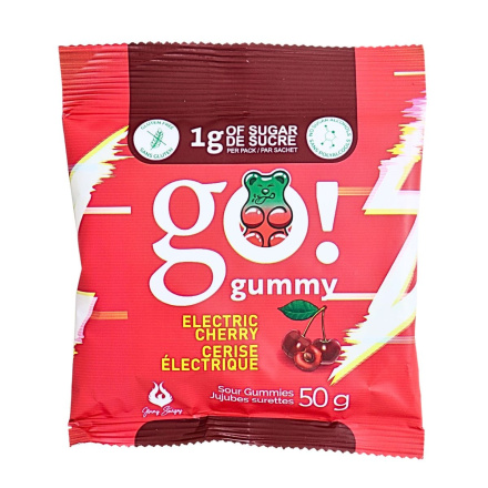 Front of GoGummy Low Sugar Gummies Vegan Gummy Bears Sour Cherry