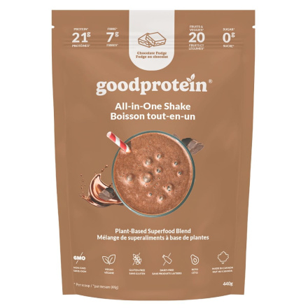 Front of Good Protein - All In One Shake - Chocolate Vegan Protein Powder - Good Protein Powder - Superfood Protein Powder - Chocolate Fudge Protein Powder