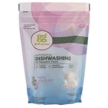 Front of grab green Automatic Dishwashing Detergent Pods Thyme, 24 Loads