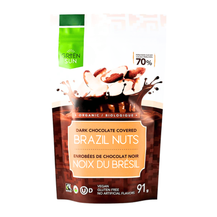 Green Sun Organic Dark Chocolate Covered Brazil Nuts, 91g - Dark Chocolate Dipped Brazil Nuts