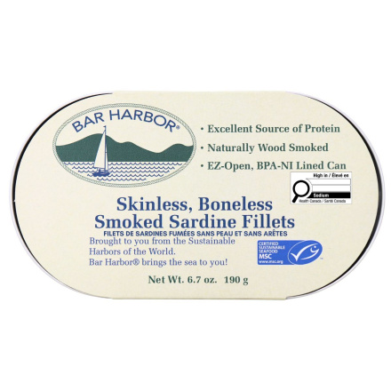 Front of Bar Harbor Skinless Boneless Smoked Sardine Fillets, 190g