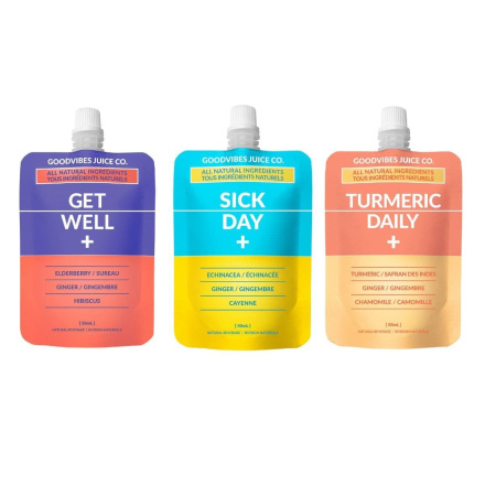 Front of Goodvibes Juice Co. Health Shot Variety Pack - Healthy Shots - Healthy Juice Shots - Ginger Juice Shots