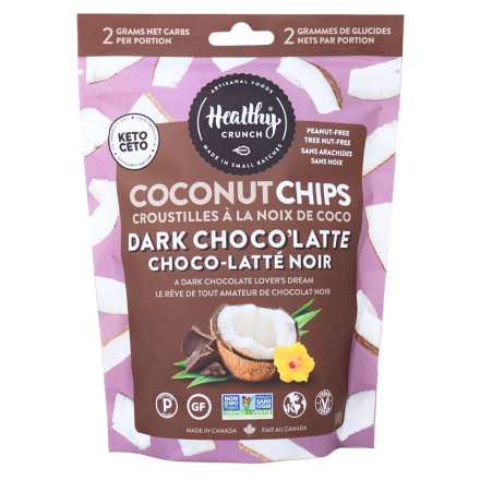 Front of Healthy Crunch Keto Coconut Chips Dark Choco’latte - Gluten Free Coconut - Keto Coconut Chips - Dark Chocolate Coconut
